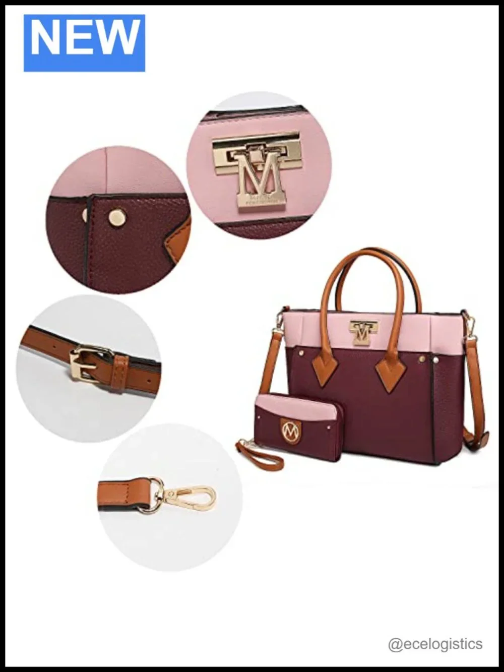 Vegan Leather Tote Bag with Wristlet Wallet, Color-Block, Adjustable Strap,